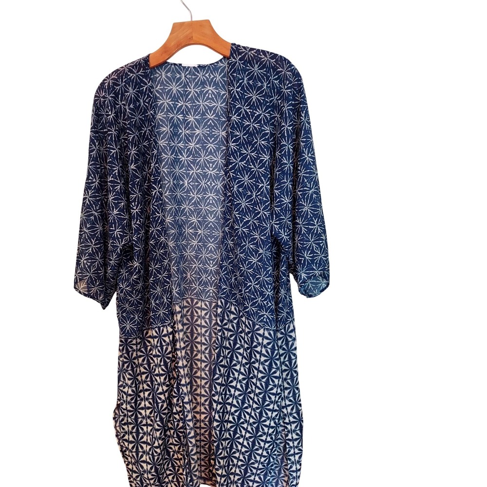 Blue White Kimono Geometric Starburst Print Open Front Boho Duster Cardigan S